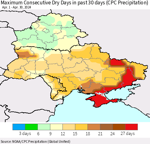 Ukraine, Moldova and Belarus Maximum Consecutive Dry Days in past 30 days (CPC Precipitation) Thematic Map For 4/26/2024 - 4/30/2024