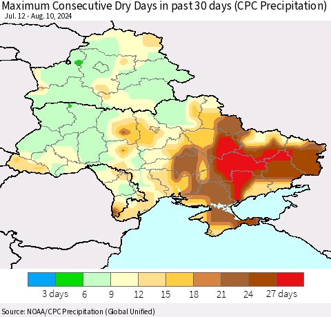 Ukraine, Moldova and Belarus Maximum Consecutive Dry Days in past 30 days (CPC Precipitation) Thematic Map For 8/6/2024 - 8/10/2024