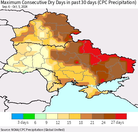 Ukraine, Moldova and Belarus Maximum Consecutive Dry Days in past 30 days (CPC Precipitation) Thematic Map For 10/1/2024 - 10/5/2024