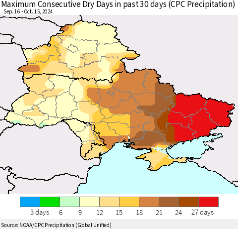 Ukraine, Moldova and Belarus Maximum Consecutive Dry Days in past 30 days (CPC Precipitation) Thematic Map For 10/11/2024 - 10/15/2024