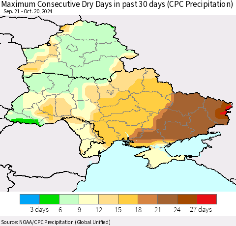 Ukraine, Moldova and Belarus Maximum Consecutive Dry Days in past 30 days (CPC Precipitation) Thematic Map For 10/16/2024 - 10/20/2024