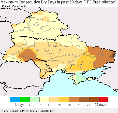 Ukraine, Moldova and Belarus Maximum Consecutive Dry Days in past 30 days (CPC Precipitation) Thematic Map For 10/21/2024 - 10/25/2024