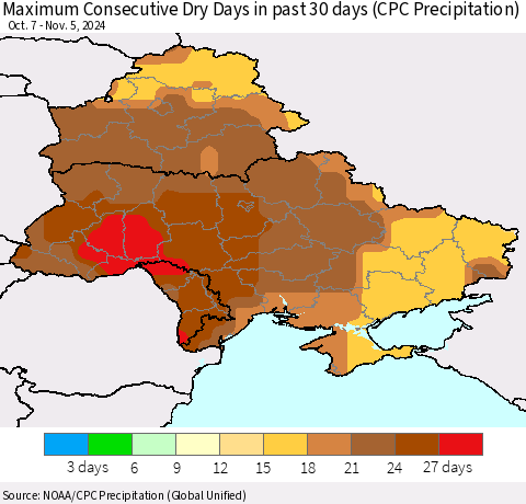 Ukraine, Moldova and Belarus Maximum Consecutive Dry Days in past 30 days (CPC Precipitation) Thematic Map For 11/1/2024 - 11/5/2024