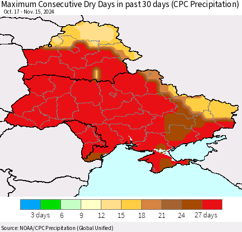 Ukraine, Moldova and Belarus Maximum Consecutive Dry Days in past 30 days (CPC Precipitation) Thematic Map For 11/11/2024 - 11/15/2024