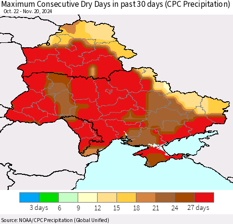 Ukraine, Moldova and Belarus Maximum Consecutive Dry Days in past 30 days (CPC Precipitation) Thematic Map For 11/16/2024 - 11/20/2024