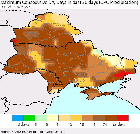 Ukraine, Moldova and Belarus Maximum Consecutive Dry Days in past 30 days (CPC Precipitation) Thematic Map For 11/21/2024 - 11/25/2024