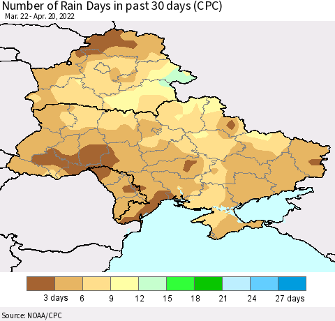 Ukraine, Moldova and Belarus Number of Rain Days in past 30 days (CPC) Thematic Map For 4/16/2022 - 4/20/2022