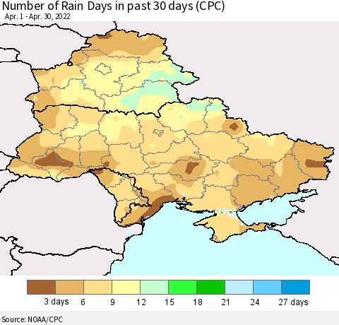 Ukraine, Moldova and Belarus Number of Rain Days in past 30 days (CPC) Thematic Map For 4/26/2022 - 4/30/2022