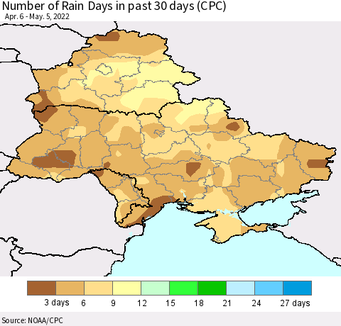 Ukraine, Moldova and Belarus Number of Rain Days in past 30 days (CPC) Thematic Map For 5/1/2022 - 5/5/2022