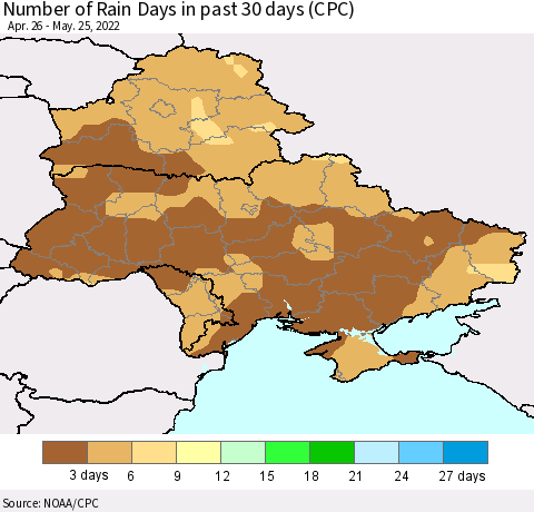 Ukraine, Moldova and Belarus Number of Rain Days in past 30 days (CPC) Thematic Map For 5/21/2022 - 5/25/2022