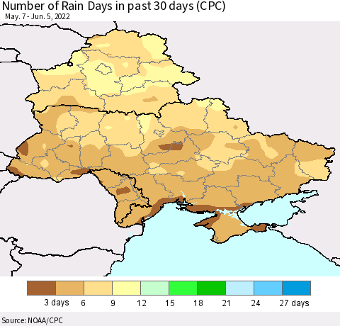 Ukraine, Moldova and Belarus Number of Rain Days in past 30 days (CPC) Thematic Map For 6/1/2022 - 6/5/2022