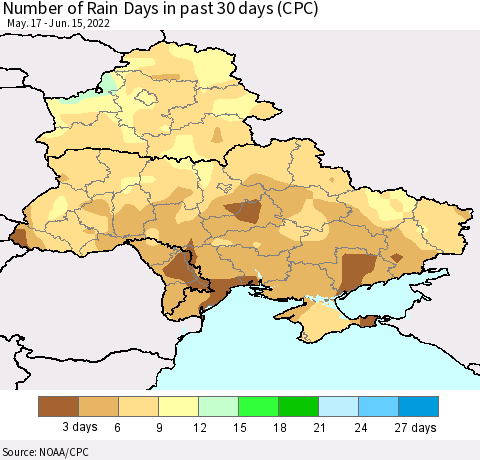 Ukraine, Moldova and Belarus Number of Rain Days in past 30 days (CPC) Thematic Map For 6/11/2022 - 6/15/2022