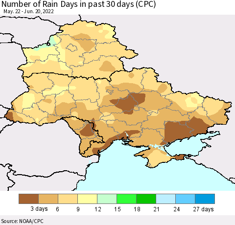 Ukraine, Moldova and Belarus Number of Rain Days in past 30 days (CPC) Thematic Map For 6/16/2022 - 6/20/2022