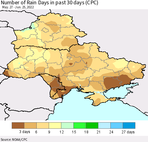 Ukraine, Moldova and Belarus Number of Rain Days in past 30 days (CPC) Thematic Map For 6/21/2022 - 6/25/2022