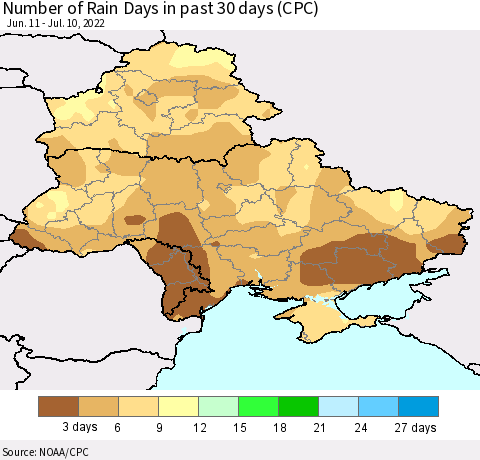 Ukraine, Moldova and Belarus Number of Rain Days in past 30 days (CPC) Thematic Map For 7/6/2022 - 7/10/2022