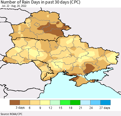 Ukraine, Moldova and Belarus Number of Rain Days in past 30 days (CPC) Thematic Map For 8/16/2022 - 8/20/2022