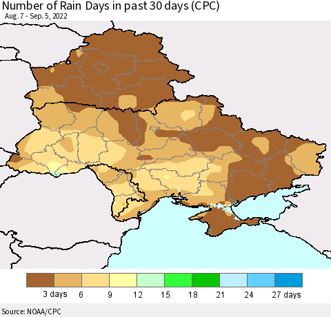 Ukraine, Moldova and Belarus Number of Rain Days in past 30 days (CPC) Thematic Map For 9/1/2022 - 9/5/2022