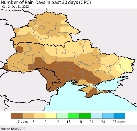 Ukraine, Moldova and Belarus Number of Rain Days in past 30 days (CPC) Thematic Map For 10/26/2022 - 10/31/2022