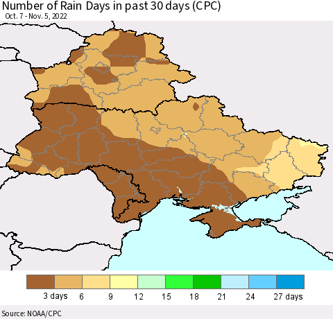 Ukraine, Moldova and Belarus Number of Rain Days in past 30 days (CPC) Thematic Map For 11/1/2022 - 11/5/2022