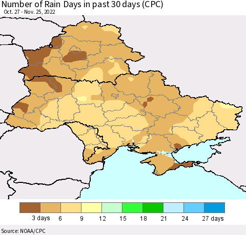 Ukraine, Moldova and Belarus Number of Rain Days in past 30 days (CPC) Thematic Map For 11/21/2022 - 11/25/2022