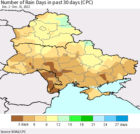 Ukraine, Moldova and Belarus Number of Rain Days in past 30 days (CPC) Thematic Map For 12/26/2022 - 12/31/2022
