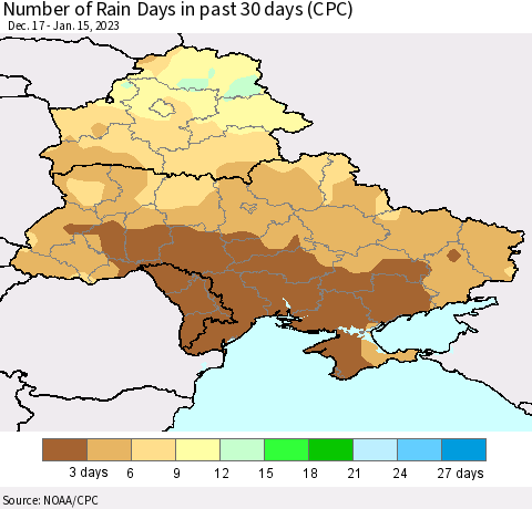 Ukraine, Moldova and Belarus Number of Rain Days in past 30 days (CPC) Thematic Map For 1/11/2023 - 1/15/2023