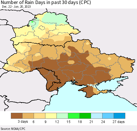 Ukraine, Moldova and Belarus Number of Rain Days in past 30 days (CPC) Thematic Map For 1/16/2023 - 1/20/2023
