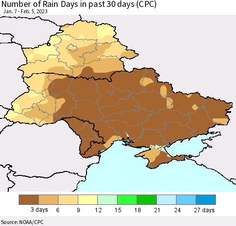 Ukraine, Moldova and Belarus Number of Rain Days in past 30 days (CPC) Thematic Map For 2/1/2023 - 2/5/2023