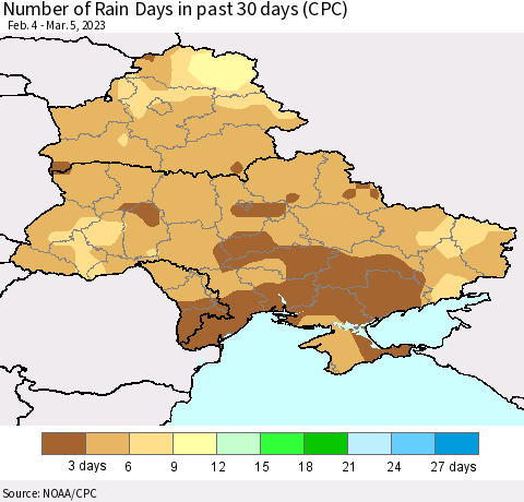Ukraine, Moldova and Belarus Number of Rain Days in past 30 days (CPC) Thematic Map For 3/1/2023 - 3/5/2023