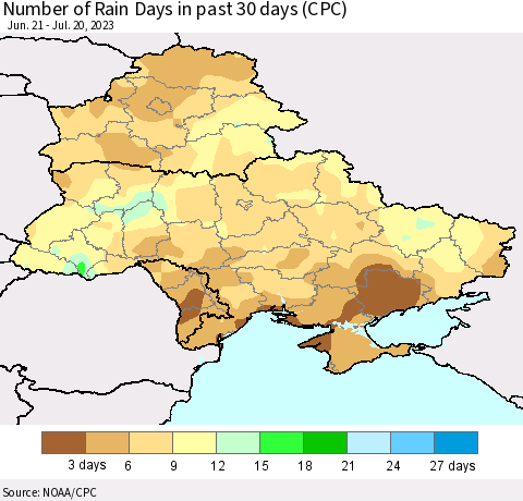 Ukraine, Moldova and Belarus Number of Rain Days in past 30 days (CPC) Thematic Map For 7/16/2023 - 7/20/2023