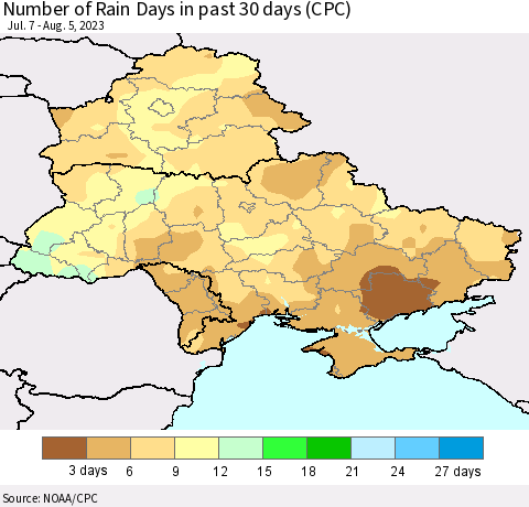 Ukraine, Moldova and Belarus Number of Rain Days in past 30 days (CPC) Thematic Map For 8/1/2023 - 8/5/2023