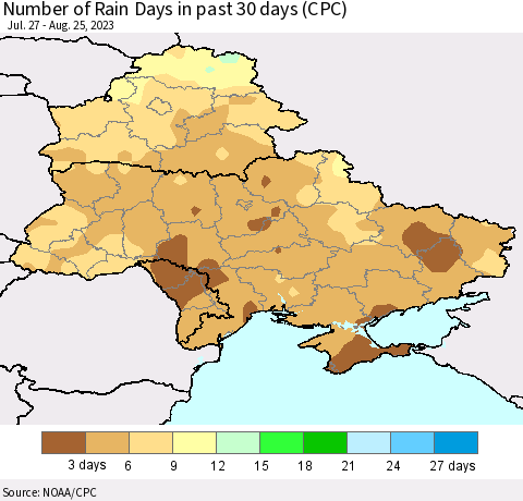 Ukraine, Moldova and Belarus Number of Rain Days in past 30 days (CPC) Thematic Map For 8/21/2023 - 8/25/2023