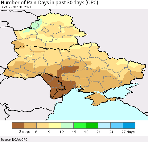 Ukraine, Moldova and Belarus Number of Rain Days in past 30 days (CPC) Thematic Map For 10/26/2023 - 10/31/2023
