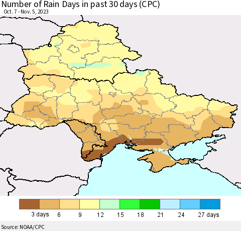 Ukraine, Moldova and Belarus Number of Rain Days in past 30 days (CPC) Thematic Map For 11/1/2023 - 11/5/2023