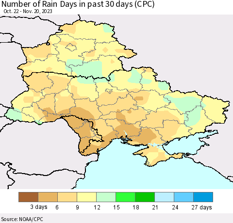 Ukraine, Moldova and Belarus Number of Rain Days in past 30 days (CPC) Thematic Map For 11/16/2023 - 11/20/2023