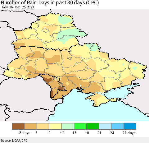 Ukraine, Moldova and Belarus Number of Rain Days in past 30 days (CPC) Thematic Map For 12/21/2023 - 12/25/2023