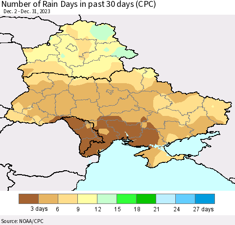 Ukraine, Moldova and Belarus Number of Rain Days in past 30 days (CPC) Thematic Map For 12/26/2023 - 12/31/2023