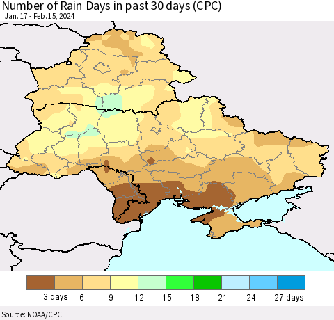 Ukraine, Moldova and Belarus Number of Rain Days in past 30 days (CPC) Thematic Map For 2/11/2024 - 2/15/2024