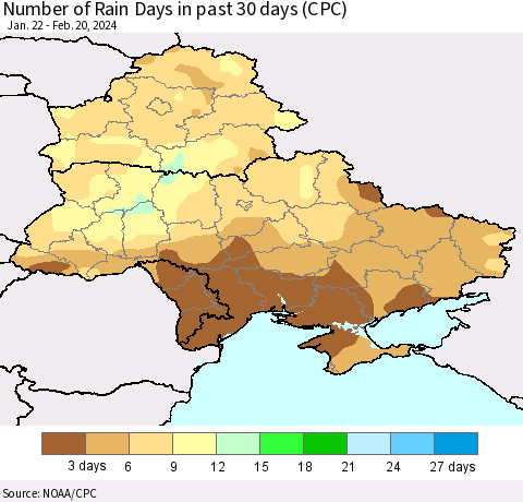 Ukraine, Moldova and Belarus Number of Rain Days in past 30 days (CPC) Thematic Map For 2/16/2024 - 2/20/2024
