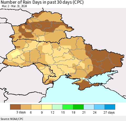 Ukraine, Moldova and Belarus Number of Rain Days in past 30 days (CPC) Thematic Map For 3/26/2024 - 3/31/2024