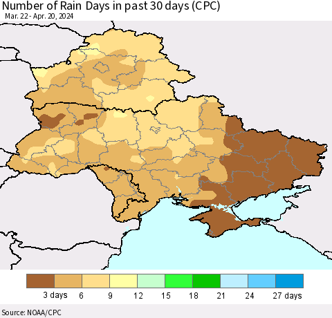 Ukraine, Moldova and Belarus Number of Rain Days in past 30 days (CPC) Thematic Map For 4/16/2024 - 4/20/2024