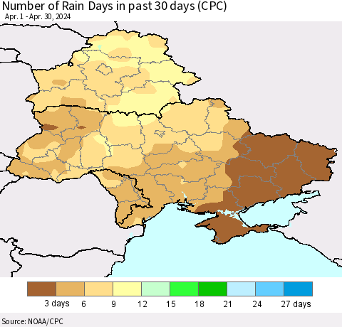 Ukraine, Moldova and Belarus Number of Rain Days in past 30 days (CPC) Thematic Map For 4/26/2024 - 4/30/2024