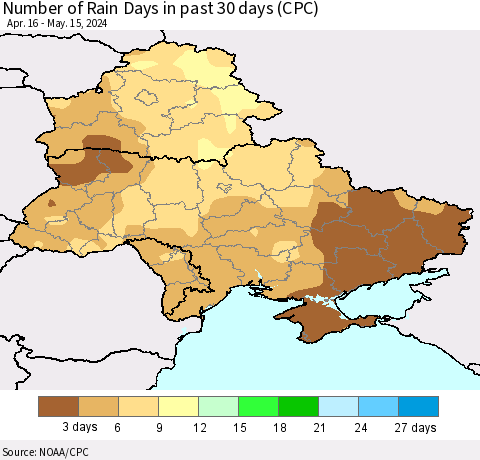 Ukraine, Moldova and Belarus Number of Rain Days in past 30 days (CPC) Thematic Map For 5/11/2024 - 5/15/2024