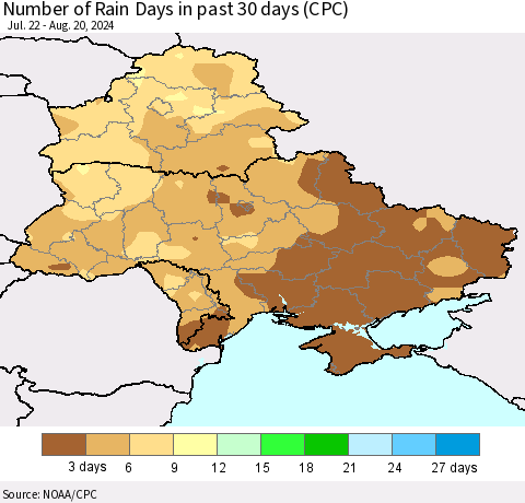 Ukraine, Moldova and Belarus Number of Rain Days in past 30 days (CPC) Thematic Map For 8/16/2024 - 8/20/2024