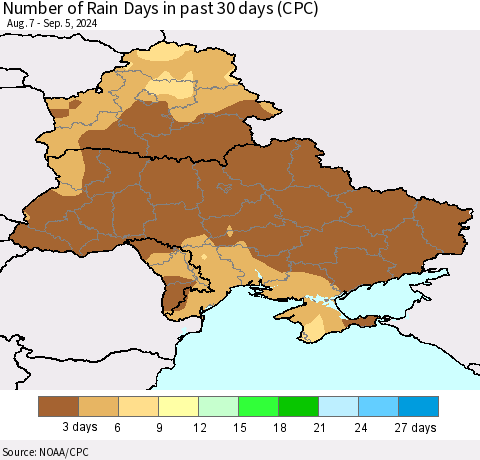 Ukraine, Moldova and Belarus Number of Rain Days in past 30 days (CPC) Thematic Map For 9/1/2024 - 9/5/2024