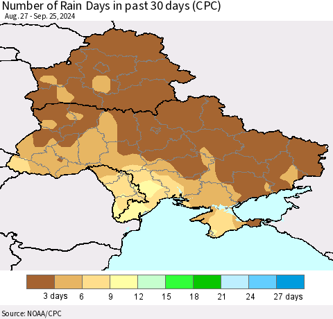 Ukraine, Moldova and Belarus Number of Rain Days in past 30 days (CPC) Thematic Map For 9/21/2024 - 9/25/2024