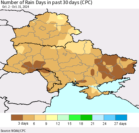 Ukraine, Moldova and Belarus Number of Rain Days in past 30 days (CPC) Thematic Map For 10/26/2024 - 10/31/2024