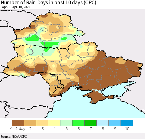 Ukraine, Moldova and Belarus Number of Rain Days in past 10 days (CPC) Thematic Map For 4/6/2022 - 4/10/2022