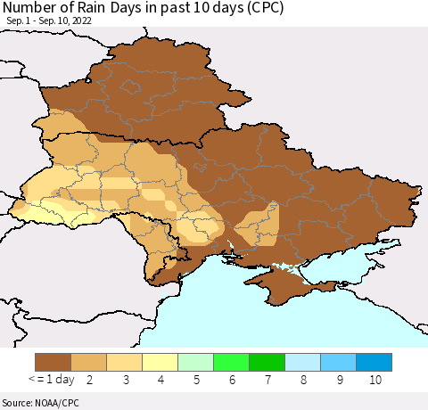 Ukraine, Moldova and Belarus Number of Rain Days in past 10 days (CPC) Thematic Map For 9/6/2022 - 9/10/2022