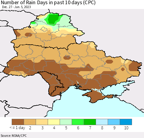 Ukraine, Moldova and Belarus Number of Rain Days in past 10 days (CPC) Thematic Map For 1/1/2023 - 1/5/2023